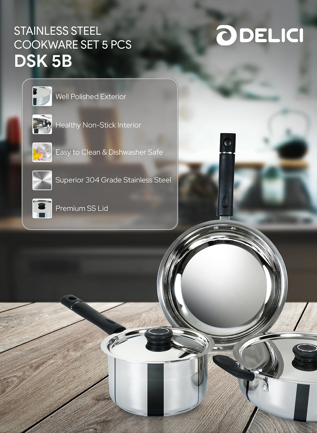 Delici Stainless Steel Cookware Set 5 PCS, 304 Grade SS Pots & Pans, Fry Pan 22c