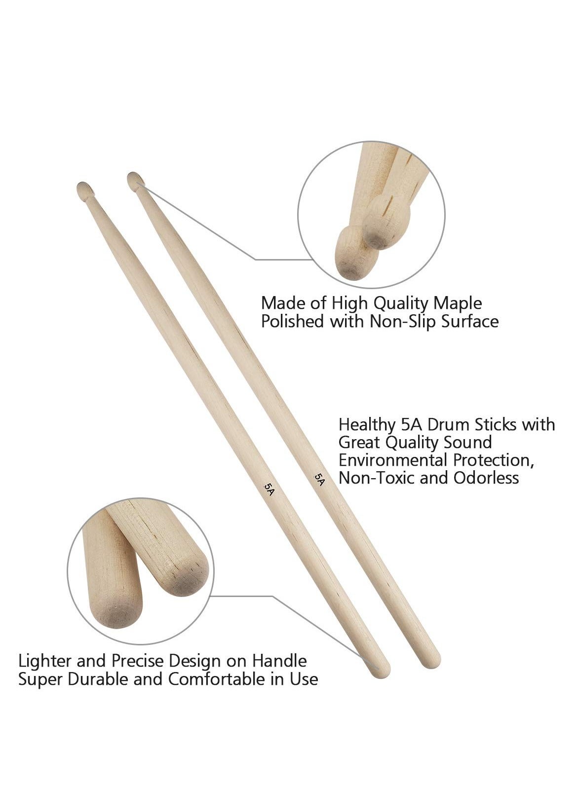 Drum Sticks Set, 5A Maple Wood Drumsticks Set - Includes Drum Rods Brushes, Retractable Drum Wire Brushes, 12PCS Drum Dampeners, and Portable Bag - Perfect for Kids and Adults - Image 2