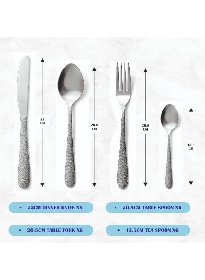 24 Piece Hammered Flatware Cutlery Set, Stainless Steel Silverware Set for Home/