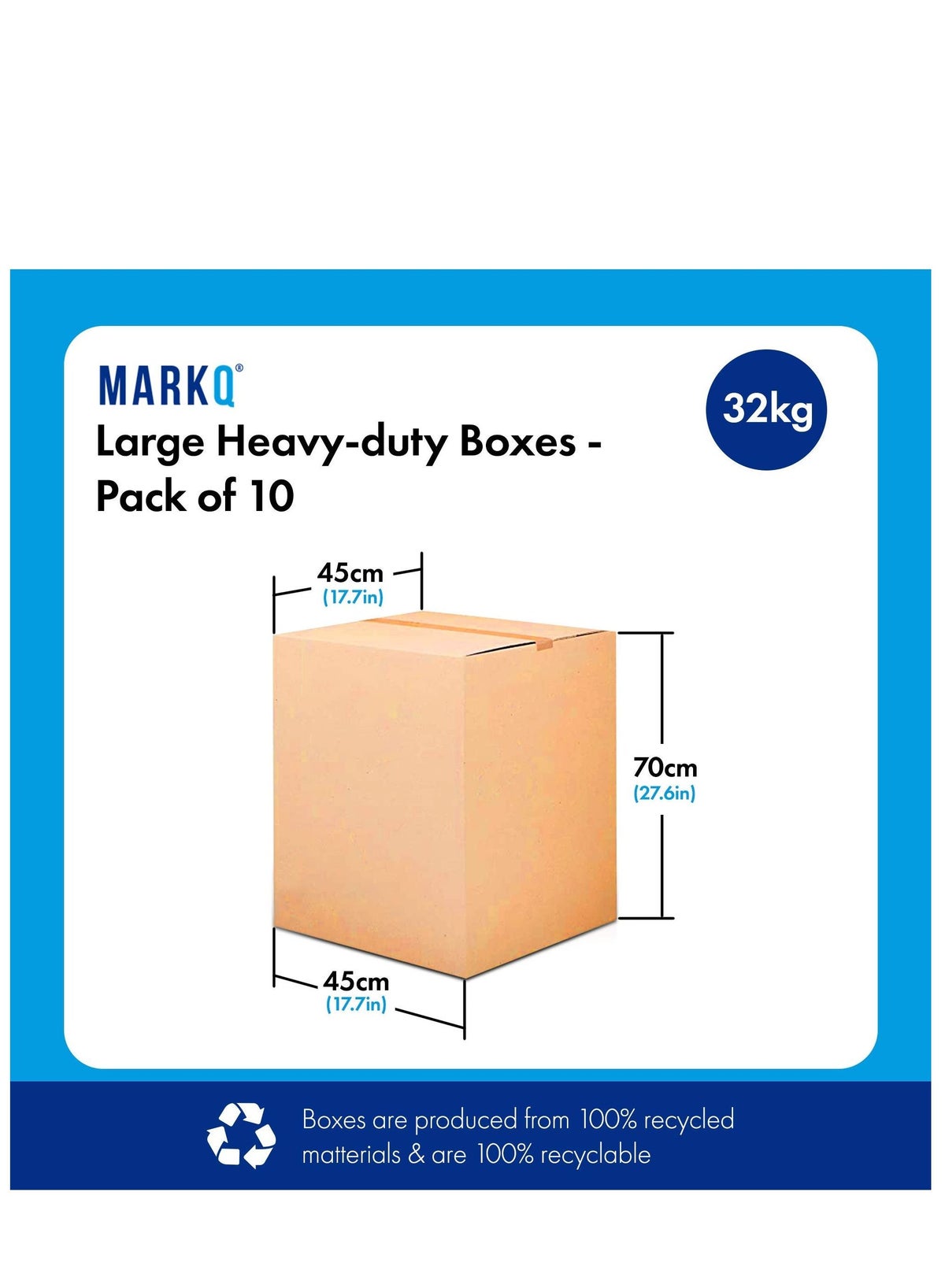 10 Pack Large Double Wall 100 Percent Recyclable Corrugated Cardboard Moving Boxes with 32 KG Capacity 45 x 45 x 70 cm Brown Carton for Packaging Shipping and Storage 5 ply - Image 2