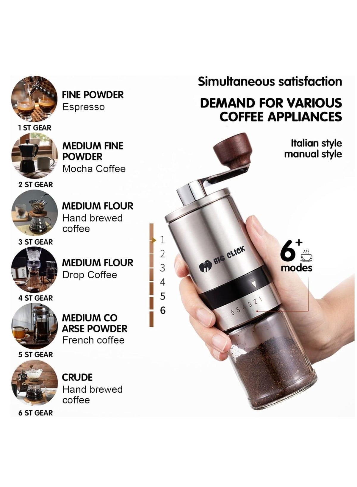 Portable Coffee Grinder, Coffee Bean Grinder with Adjustable 6 Gears for Espresso, French Press and Drip Coffee, Manual Coffee Grinder Suitable for Home, Office, Traveling, Camping - Image 2