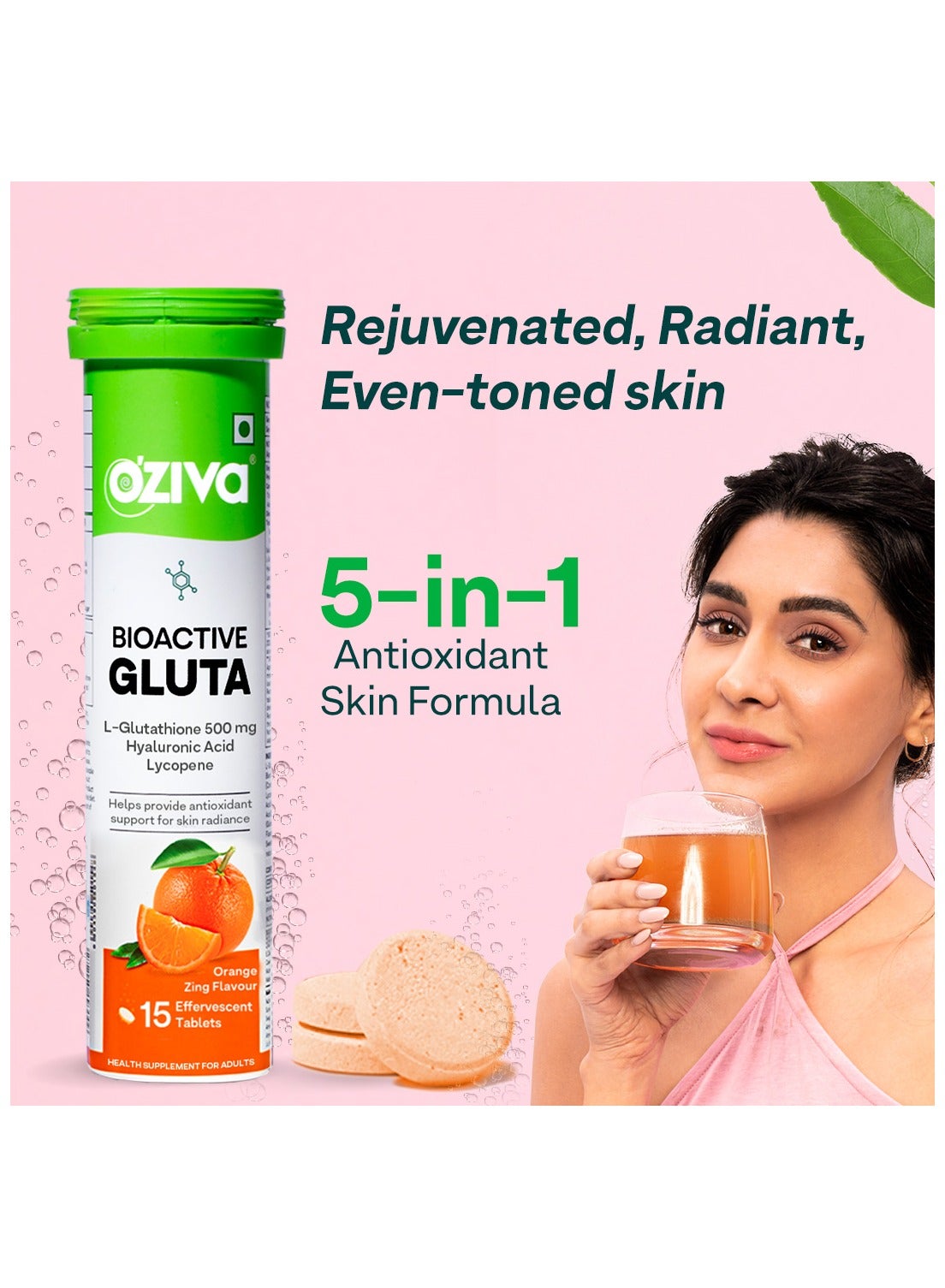 OZiva Bioactive Gluta Fizzy-5 Potent Antioxidants | Glutathione tablets For Skin Radiance & Glow | With Hyaluronic Acid, Lycopene, Astaxanthin - Orange zing, Pack of 2 (30 Tablets) - Image 2
