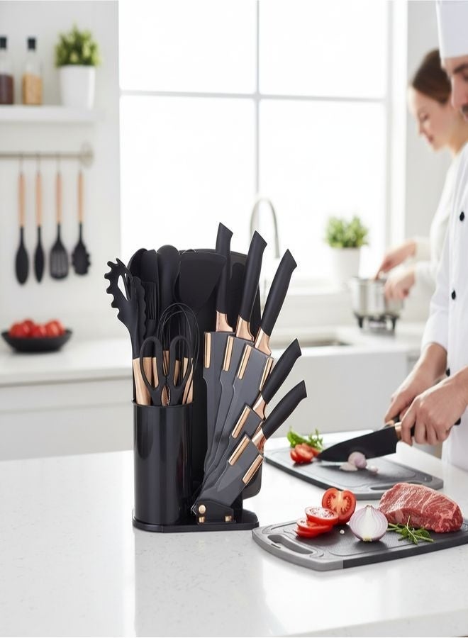 19-Piece Kitchen Knife Set & Silicone Cooking Utensil Set with Wooden Handles | Non-Stick Heat Resistant Kitchen Tools, Chef Knives, Cutting Board, Utensil Holder & Knife Block Organizer - Image 3