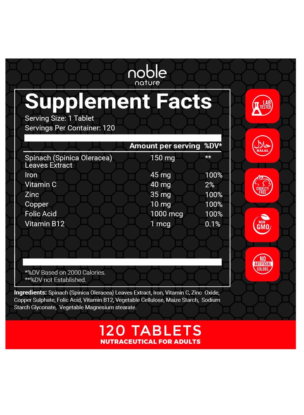 Iron & Folic Acid Supplement, with Zinc, Copper, Vitamin C & Vitamin B12, Supports Red Blood Cell Production - 120 Veg Tablets - Image 2