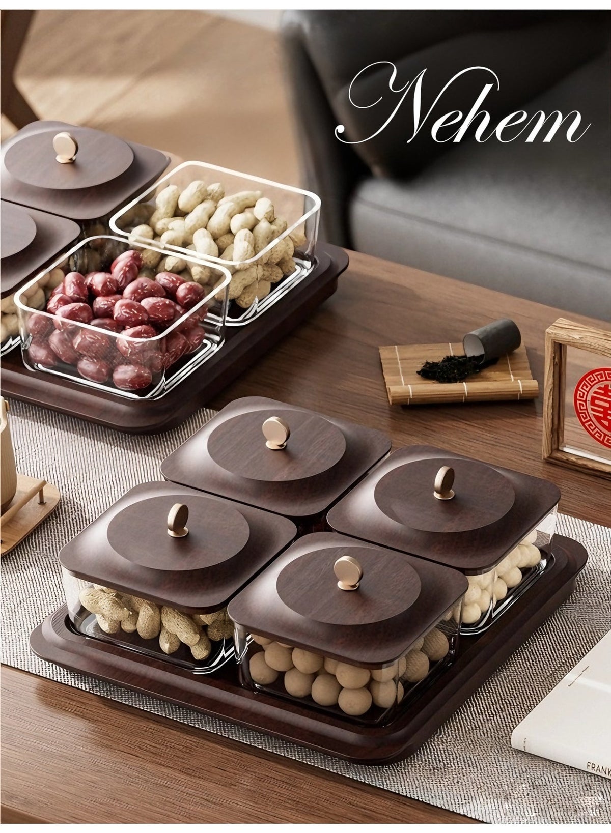 Wood grain fruit plate, nuts container dried fruit nut candy plate Candy Nuts Cookies Chips Party - Image 2