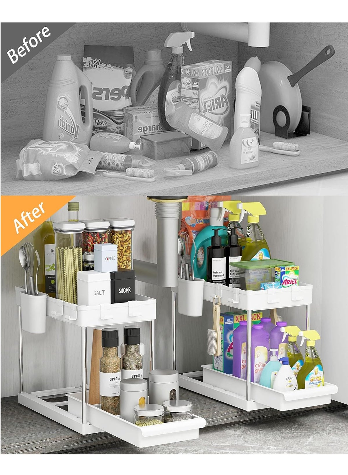 2 Tier Under Sink Organizer with Drawer: Multi-Purpose Storage Solution with Spe