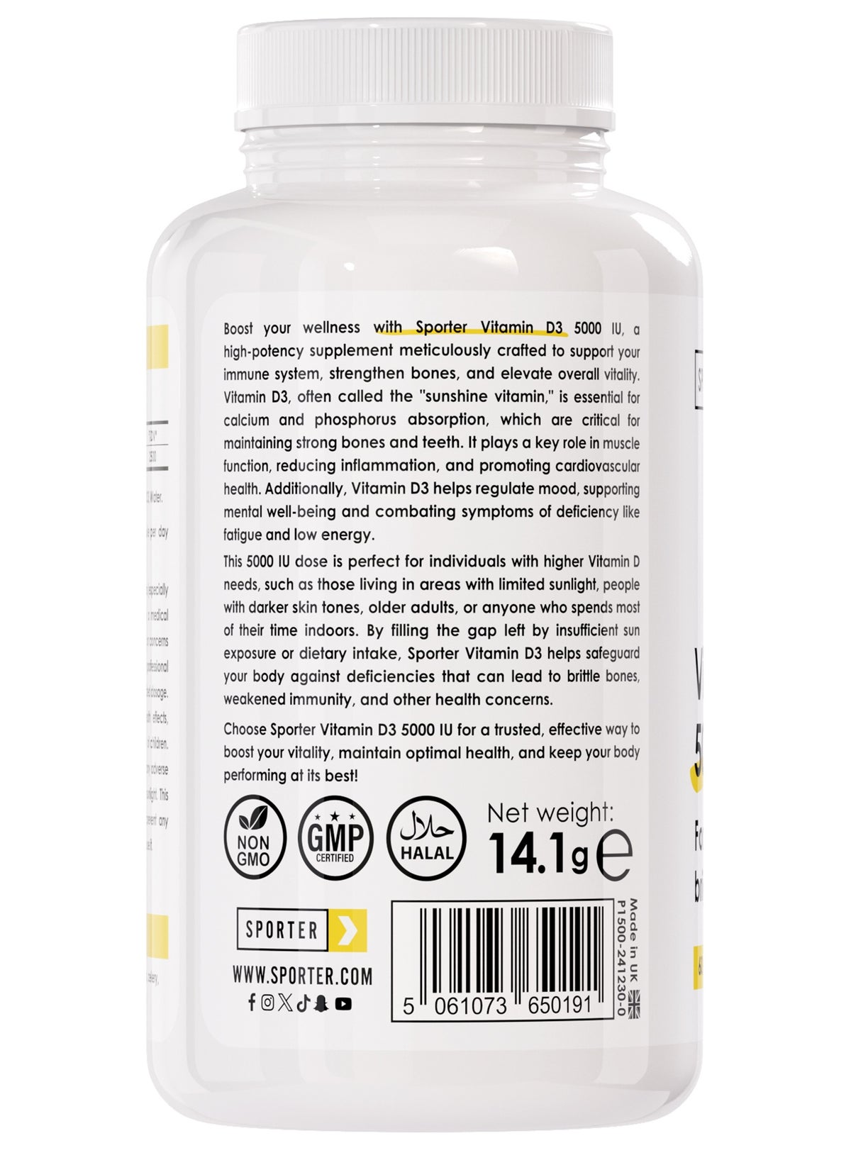 Sporter Vitamin D3 – 5000 IU | 60 Softgel Capsules | High Potency | Supports Bone, Muscle & Immune Health | Promotes Mood & Energy | Non-GMO | Gluten-Free | Dietary Supplement - Image 3
