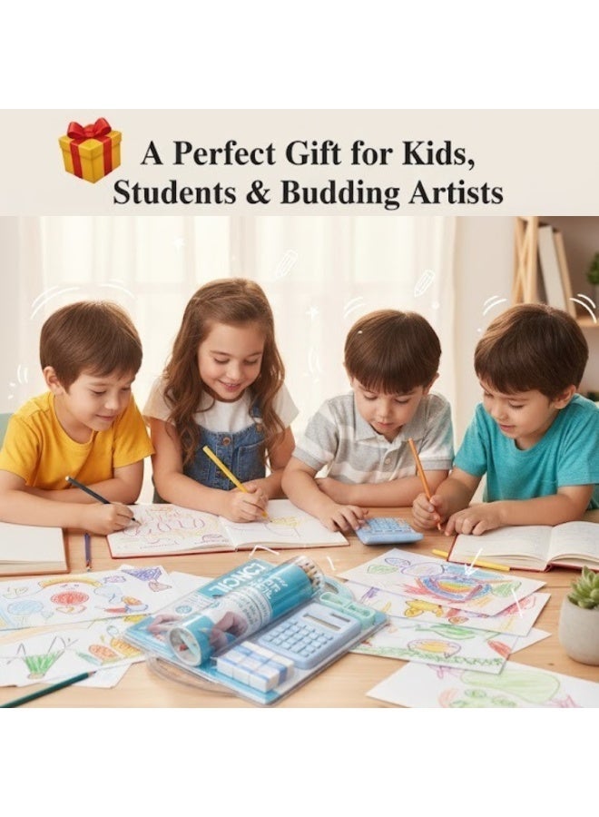 45 Pieces Stationery Set for Kids – Complete School Supplies Set with 24 Colored Pencils, 12 HB Pencils, 2 Sharpeners, 6 Erasers & 1 Calculator | Writing, Drawing & Study Set for Kids, Adults, School Going Boys & Girls - Image 5