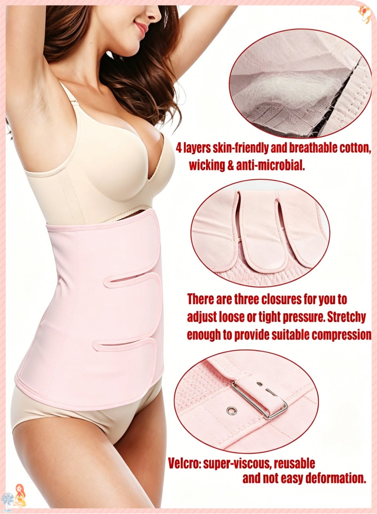 Postpartum Belly Band 4-Layer Cotton Postnatal, Abdominal Wrap, 3 Adjustable Closures with 5 Steel Bones Back Support Post Pregnancy Waist Trainer for C-section & Natural Birth - Image 2