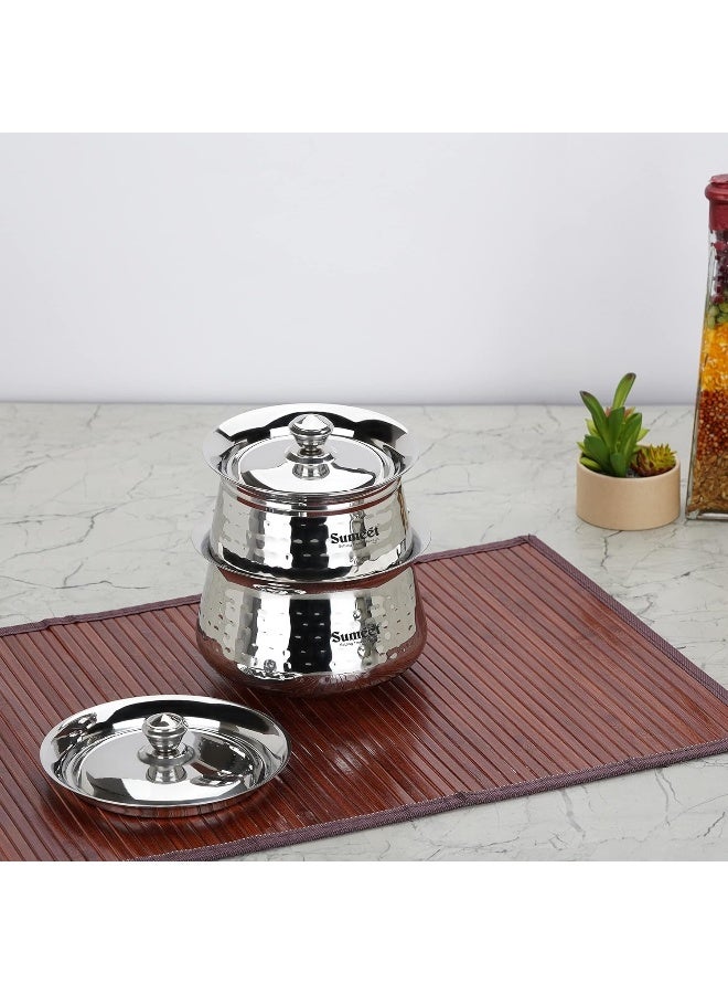 Sumeet Stainless Steel Handcrafted Hammered Texture Handi Set with Lids – 2 Pieces (460ml & 650ml) for Kitchen, Durable & Corrosion-Resistant, Dishwasher Safe, Silver - Image 3