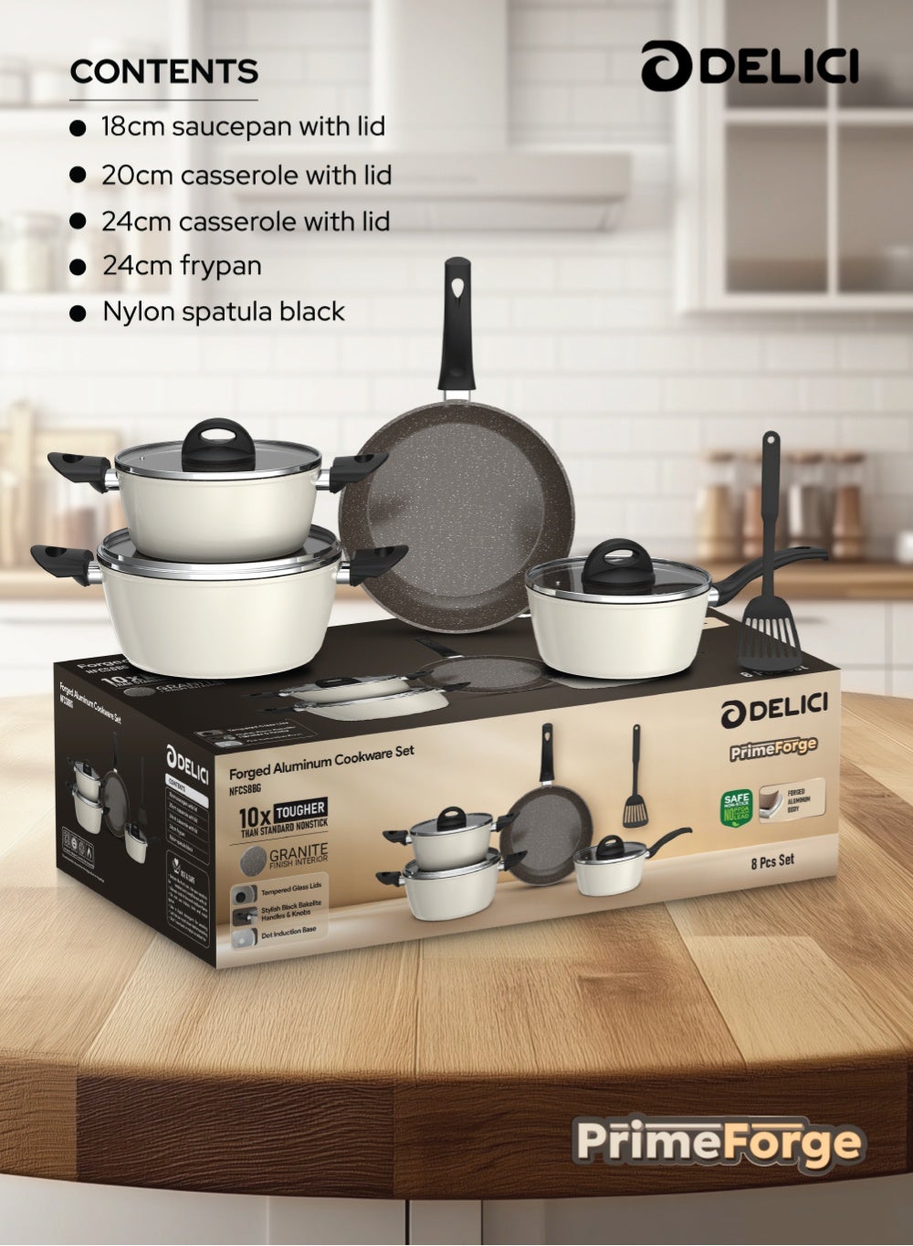 Delici 8 Pcs Forged Granit Forged Aluminum Cookware Set (NFCS8BG) – Granite Finish Interior, Tempered Glass Lids, Induction Base, Stylish Black Bakelite Handles, Brown PTFE Coating with White Dots, Beige Heat-Resistant Exterior, Strong Welded Connection – Saucepan, Casseroles, Frypan & Nylon Spatula - Image 6
