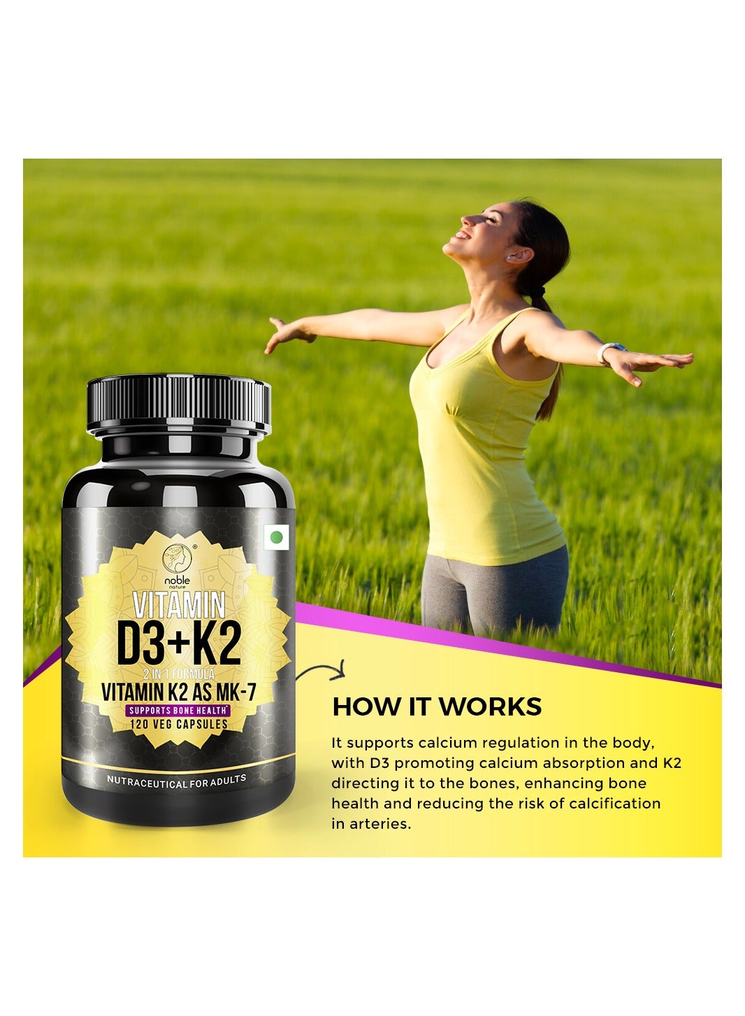 Vitamin D3 + K2, 2 in 1 Formula, Vitamin K2 as MK7, Supports Bone Health - 120 V