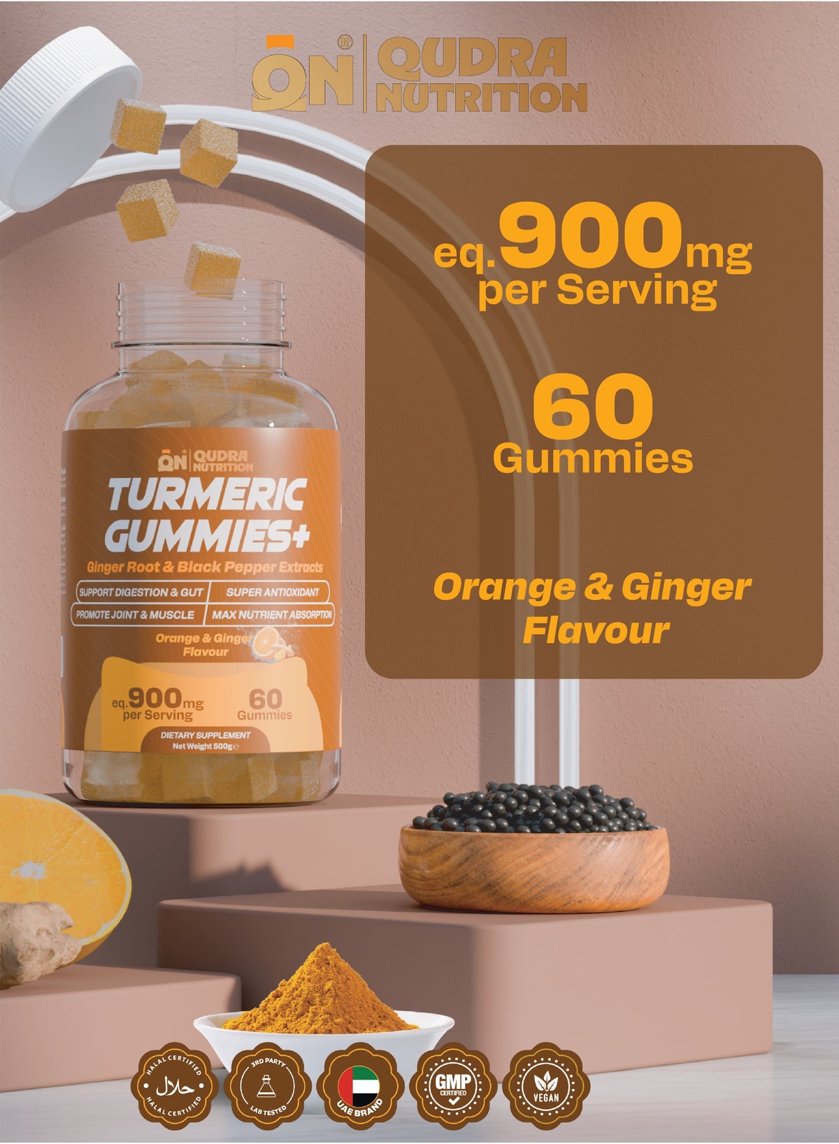 Turmeric Gummies + Ginger Root & Black Pepper Extracts High Strength eq.900mg, Support Digestion & Gut, Promote Joint & Muscle recovery, Super Antioxidant and Increase Nutrient Absorption (Vegan Orange and Ginger Flavour) UAE brand - Image 2