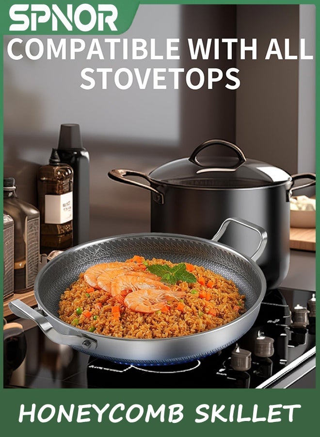 Stainless Steel Paella Pan, 34CM Paella Pan with Lid, Tri-Ply Nonstick Large Hon