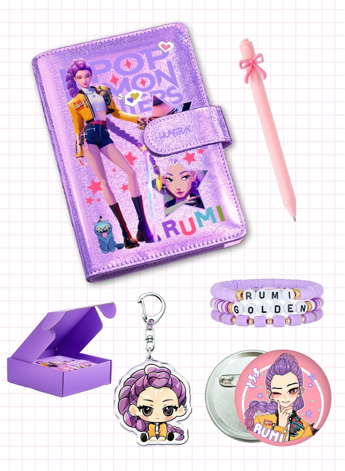 Kpop Demon Hunters Birthday Anime Gift Set for Girls — Rumi Notebook, Bow Gel Pen, Acrylic Keychain, Bracelet & Badge
