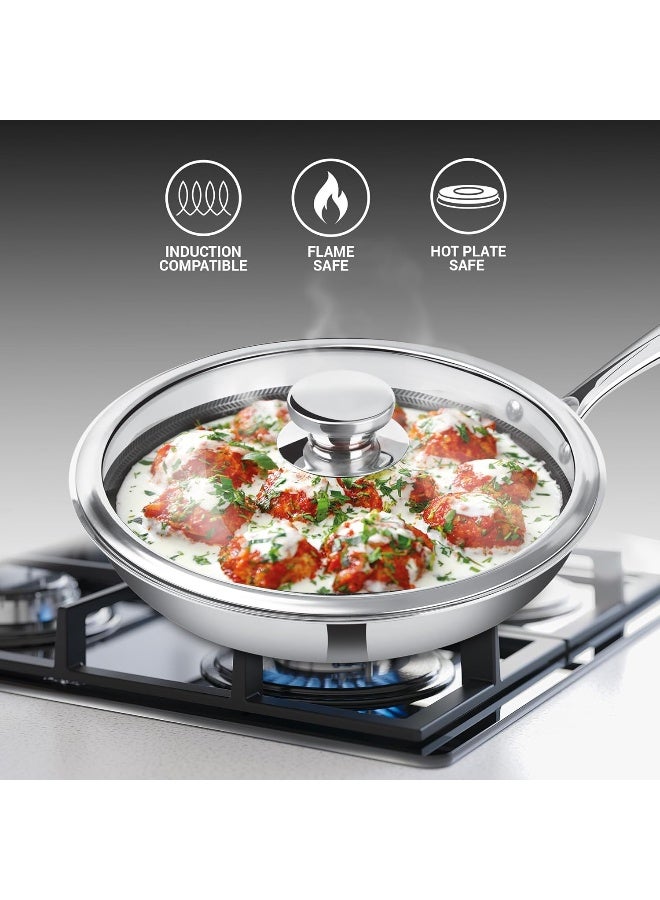 Pro Cook Fry Pan 26 cm – Triply Hexa Tech Stainless Steel Frying Pan with Glass Lid, Honeycomb Non-Stick Structure, Induction & Gas Compatible, Ideal for Curry & Omelette – Silver - Image 2