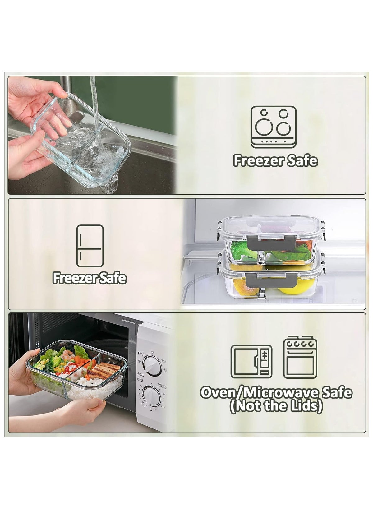5Pack 1000ml Glass Food Containers with Lids (2 Compartments) - Image 5