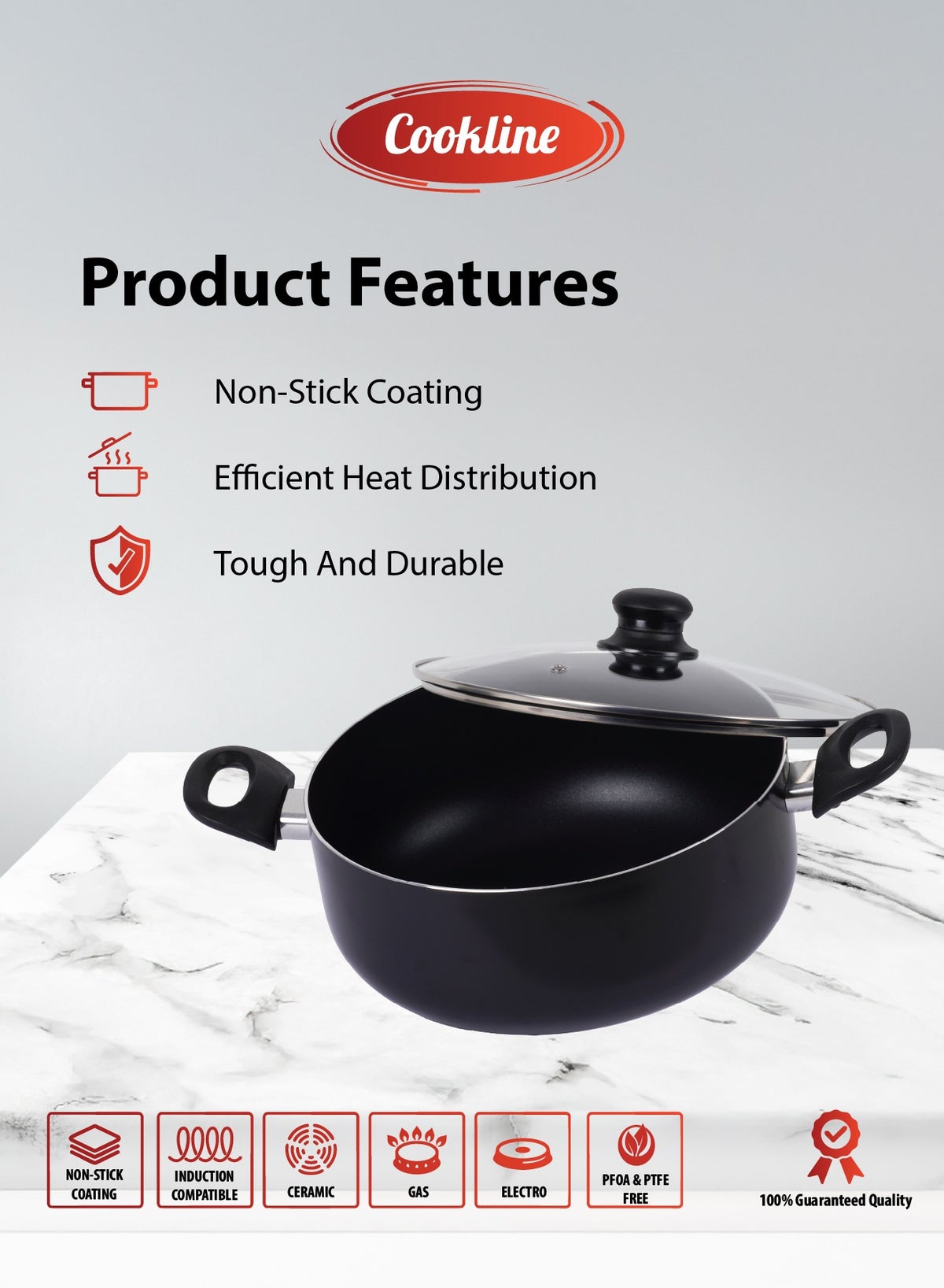 Pressed Aluminum Nonstick Casserole with Glass Lid and Induction Bottom , 24cm,