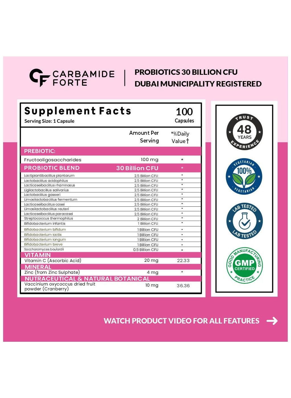 Carbamide Forte Probiotics Supplement 30 Billion for Women & Men - 100 Veg Capsules - Image 2