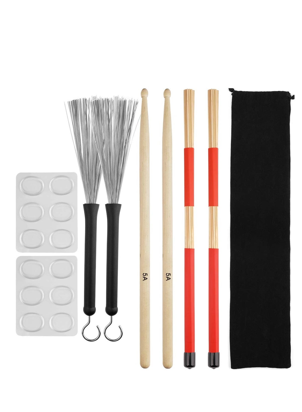 Drum Sticks Set, 5A Maple Wood Drumsticks Set - Includes Drum Rods Brushes, Retractable Drum Wire Brushes, 12PCS Drum Dampeners, and Portable Bag - Perfect for Kids and Adults