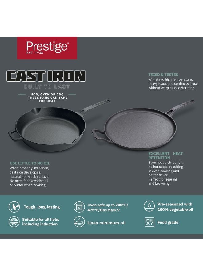 Prestige Pre-Seasoned Cast Iron Cookware Set - 28cm Flat Dosa Tawa + 26cm Fry Pan | Set Combo Offer for Kitchen | Iron Utensils for Cooking | Induction Cookware Set, Black, PR49081 - Image 3