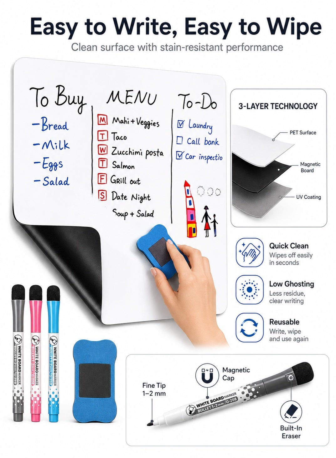 A3 Magnetic White Board, 42*30cm Versatile Dry Erase Board Fridge Dry Erase Whit