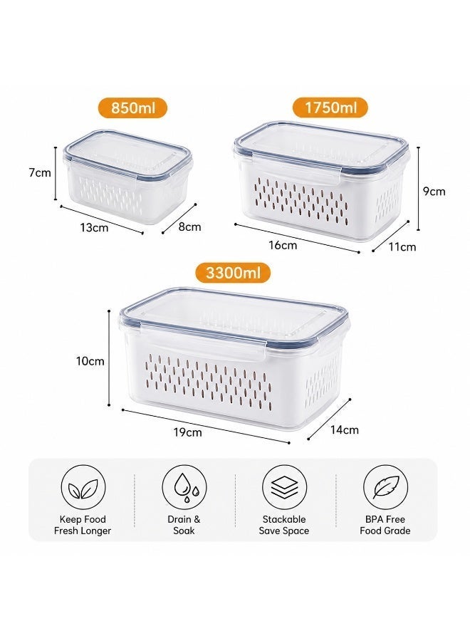 3-Pack Vegetable Storage Containers | Removable Strainer Basket | Airtight Locking Lids | BPA-Free Clear Plastic | 3-Piece Fridge Set 850/1750/3300 ml - Image 5