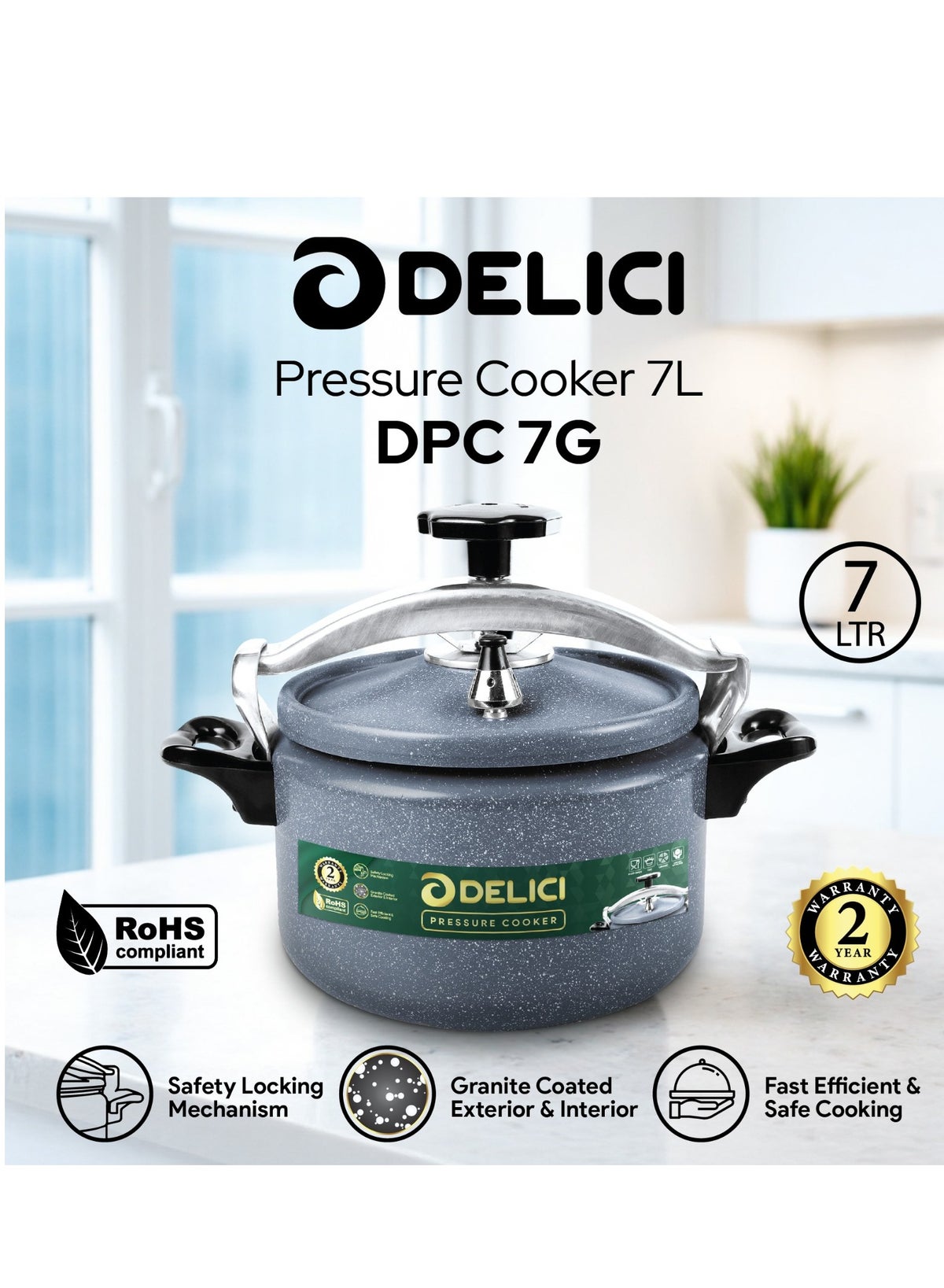 Aluminium Pressure Cooker 7 Litre – Heavy-Duty Durable Body & Lid, Fast & Safe Cooking, Heat-Resistant Strong Base, Safety Locking Mechanism, Long-Lasting Rubber Gasket, ISI Certified – DPC 7G, 2-Year Warranty - Image 2