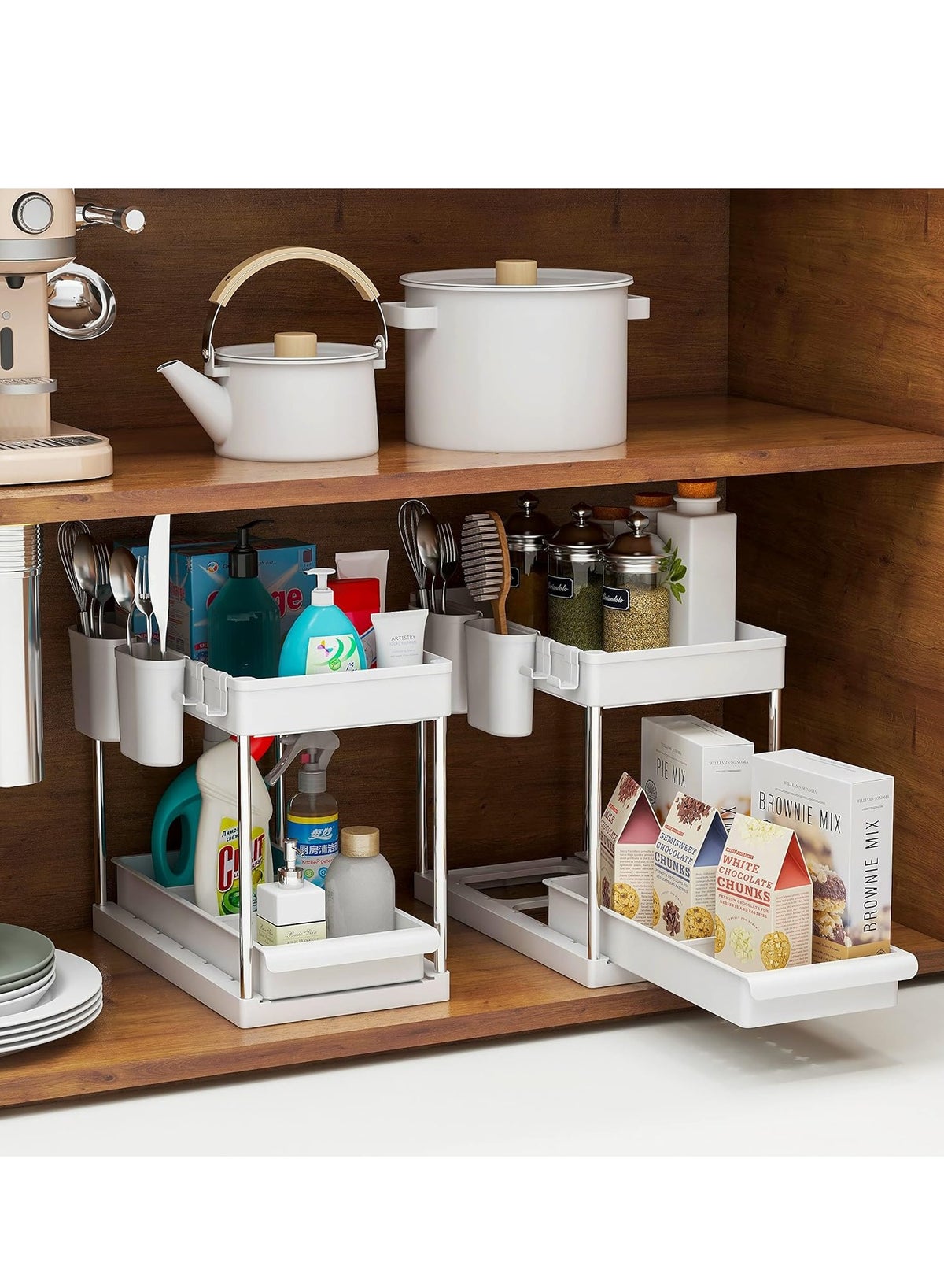 2 Tier Under Sink Organizer with Drawer: Multi-Purpose Storage Solution with Specially designed Handle, Anti-Slip Mats, Additional 4 Hooks, 2 Cups, and Enlarged Size - Ceramic White, Pack of 1 - Image 6
