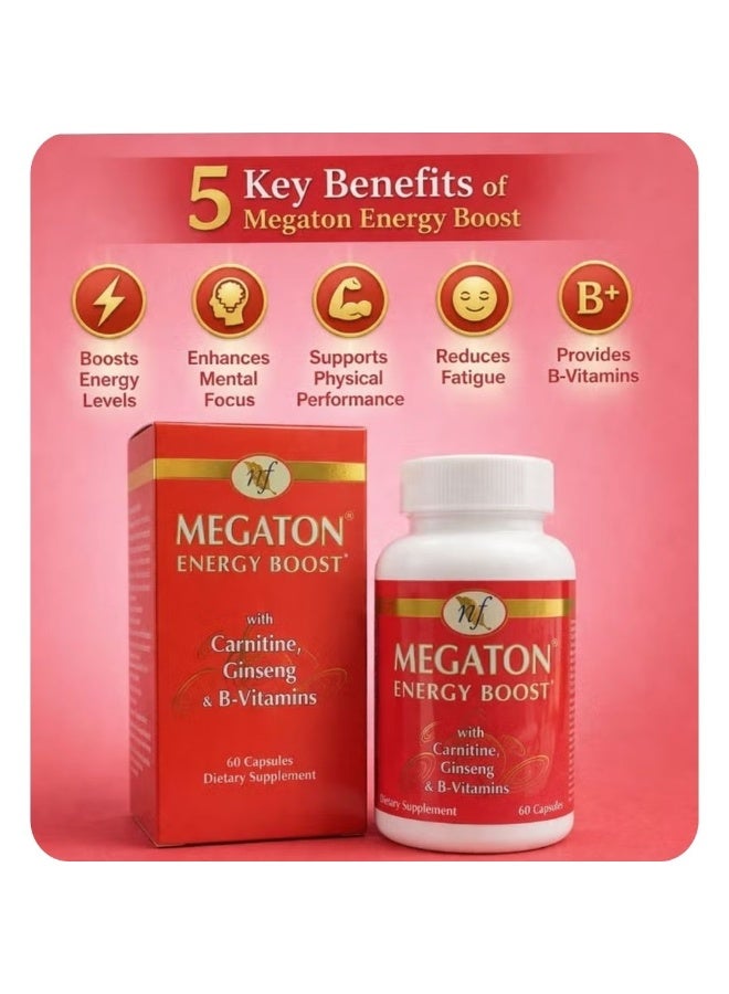 Megaton Energy Boost Dietary Supplement with Carnitine, Ginseng & B-Vitamins, 60 Capsules - Image 2