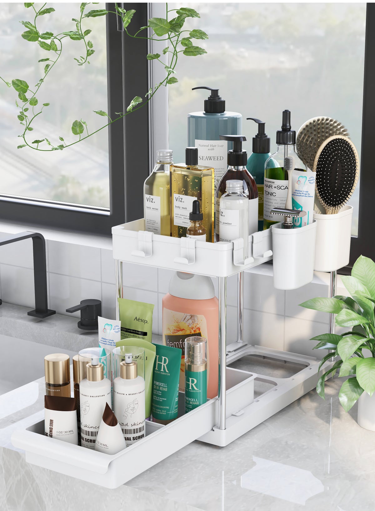 2 Tier Under Sink Organizer with Drawer: Multi-Purpose Storage Solution with Specially designed Handle, Anti-Slip Mats, Additional 4 Hooks, 2 Cups, and Enlarged Size - Ceramic White, Pack of 1 - Image 2