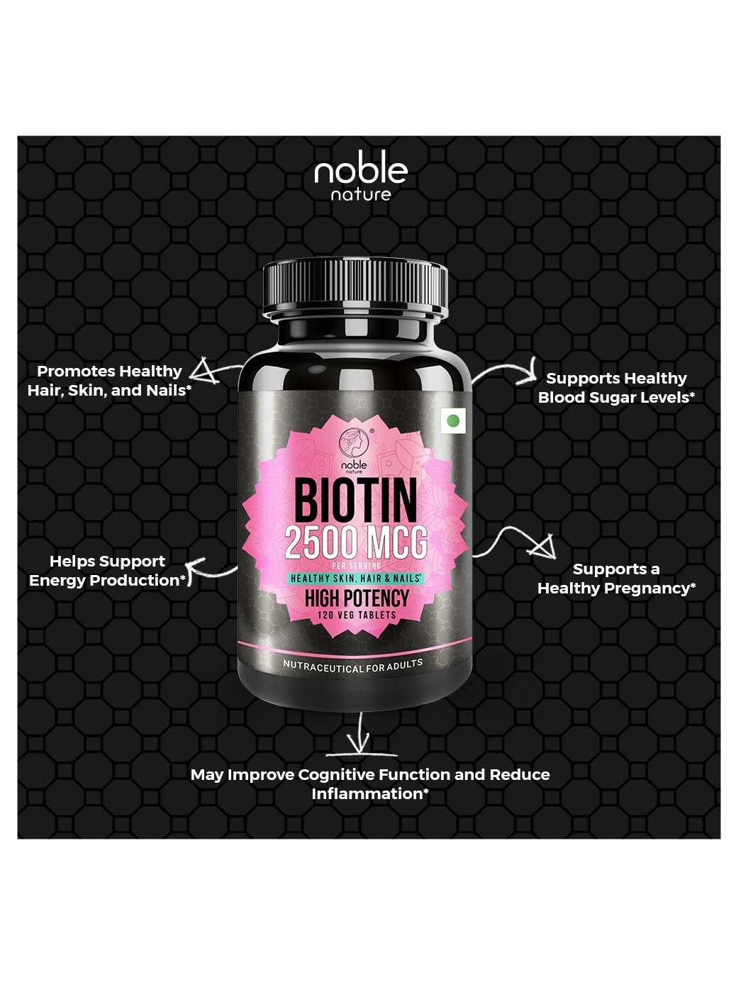 Biotin 2500MCG, Healthy Skin, Hair and Nails, High Potency - 120 Veg Tablets - Image 5