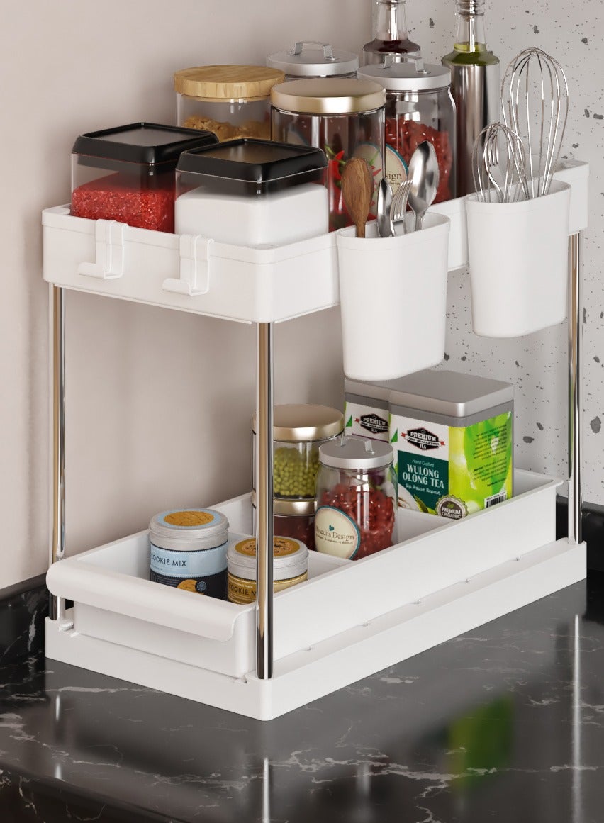 2 Tier Under Sink Organizer with Drawer: Multi-Purpose Storage Solution with Specially designed Handle, Anti-Slip Mats, Additional 4 Hooks, 2 Cups, and Enlarged Size - Ceramic White, Pack of 1 - Image 3