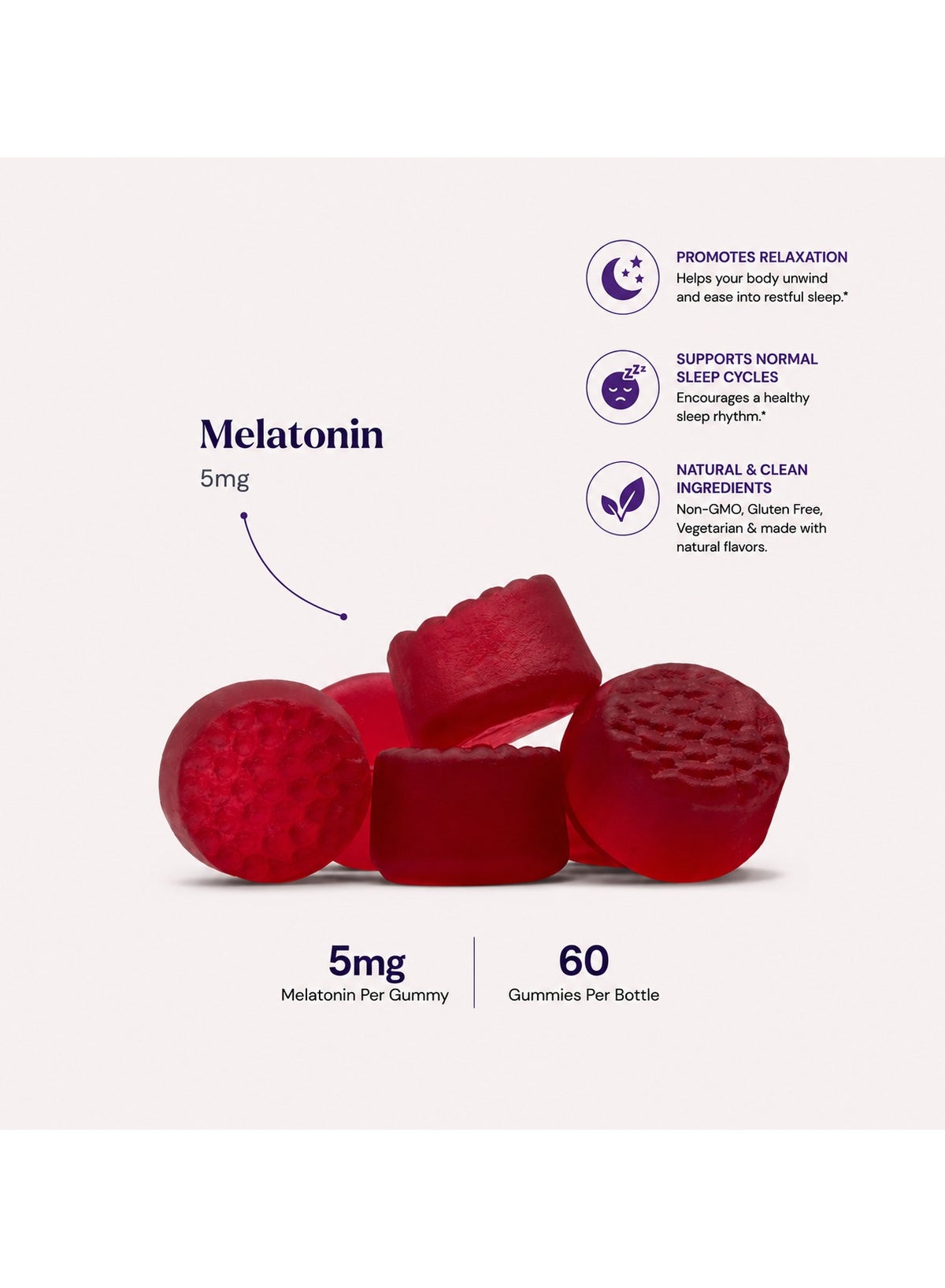Melatonin Sleep Gummy Natural 5mg Helps Relaxation & Normal Sleep Cycle Berry Dietary Supplement 60 Gummies - Image 4
