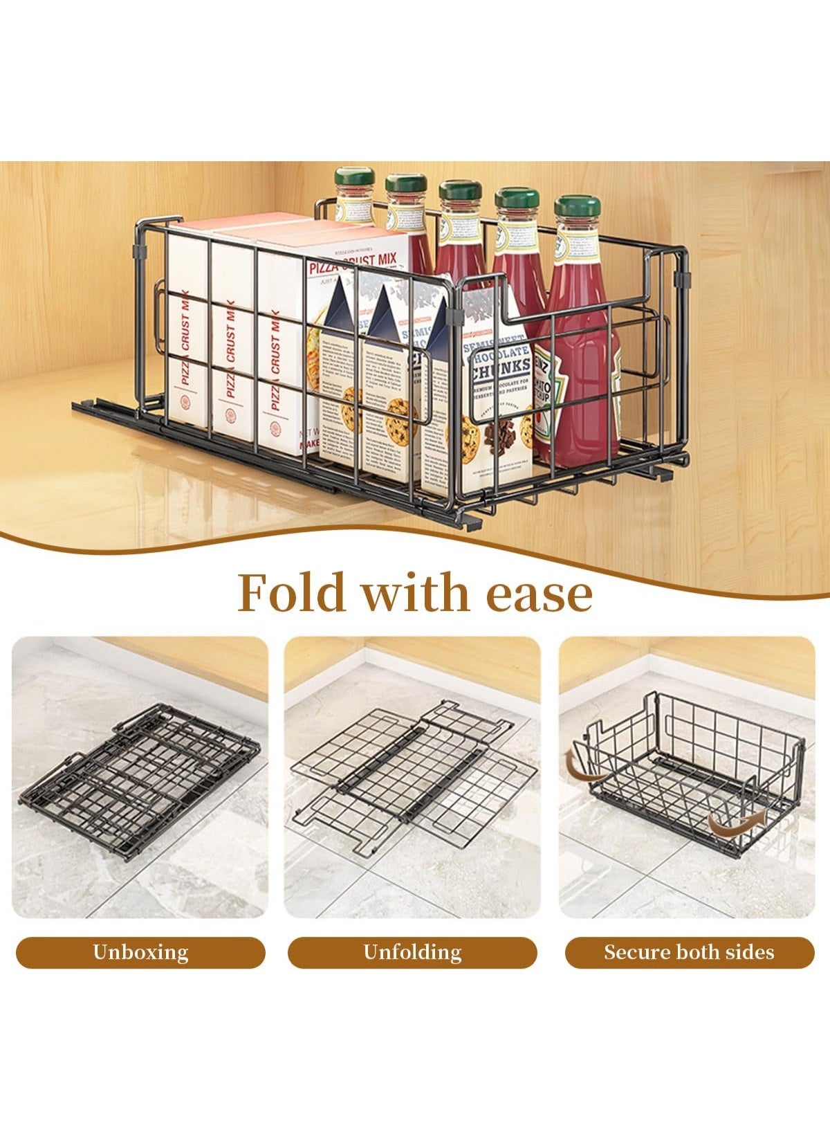 2 Pack Wire Storage Baskets, 35x21.5x17CM Foldable Pantry Organizers Bins and Mesh Storage Black Wire Basket with Handle, Freezer Storage Organiser for Shelf, Cabinets, Bathroom, Closets - Image 5