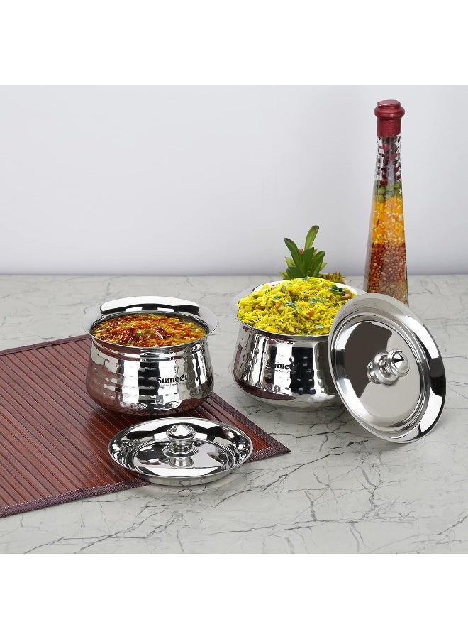 Sumeet Stainless Steel Handcrafted Hammered Texture Handi Set with Lids – 2 Pieces (460ml & 650ml) for Kitchen, Durable & Corrosion-Resistant, Dishwasher Safe, Silver - Image 2