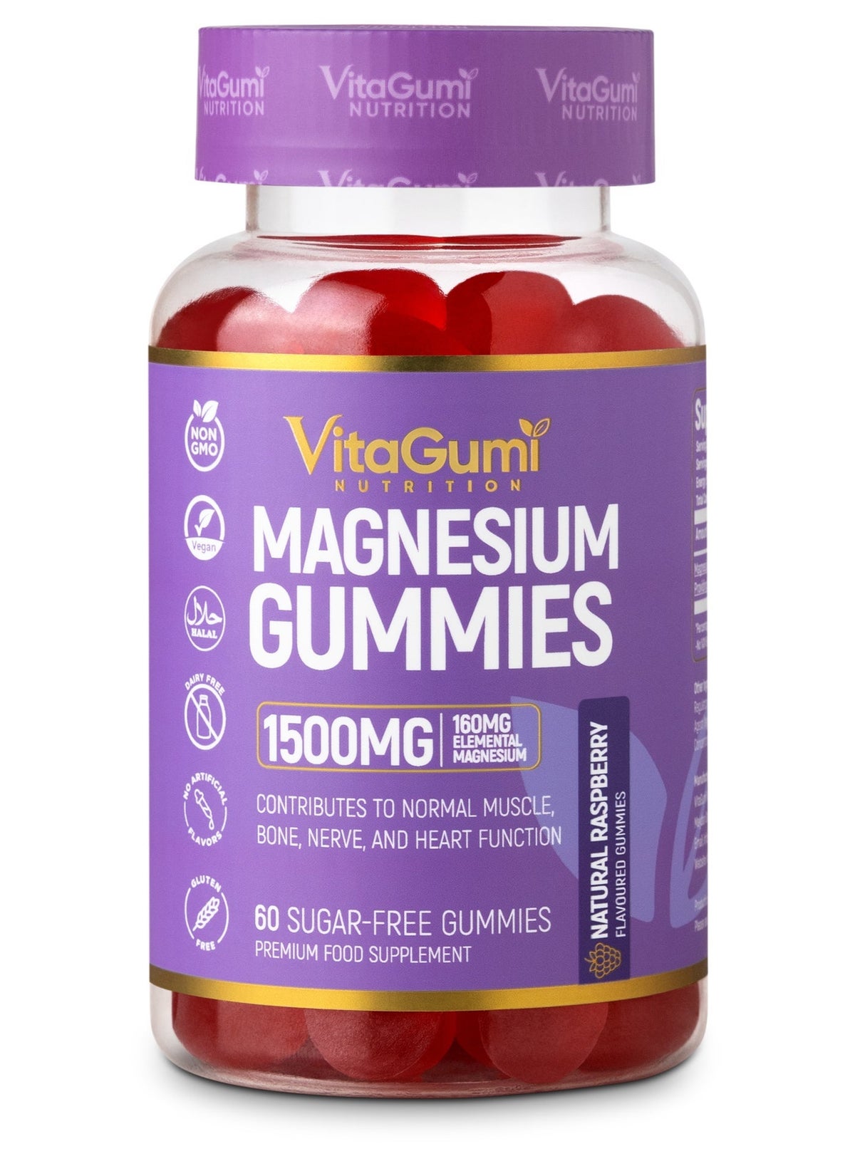 VitaGumi Nutrition Magnesium Gummies | High-Strength 1500mg Magnesium Citrate (160mg Elemental) | Vegan, Sugar-Free & Halal | Natural Raspberry Flavour | 60 Gummies | 1-Month Supply | Third-Party Tested