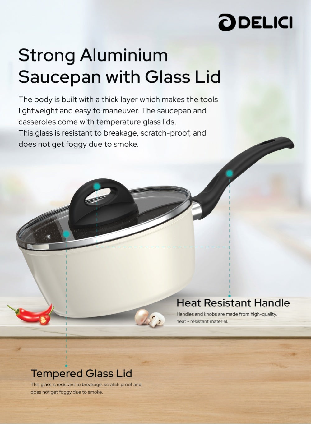 Delici 8 Pcs Forged Granit Forged Aluminum Cookware Set (NFCS8BG) – Granite Finish Interior, Tempered Glass Lids, Induction Base, Stylish Black Bakelite Handles, Brown PTFE Coating with White Dots, Beige Heat-Resistant Exterior, Strong Welded Connection – Saucepan, Casseroles, Frypan & Nylon Spatula - Image 5