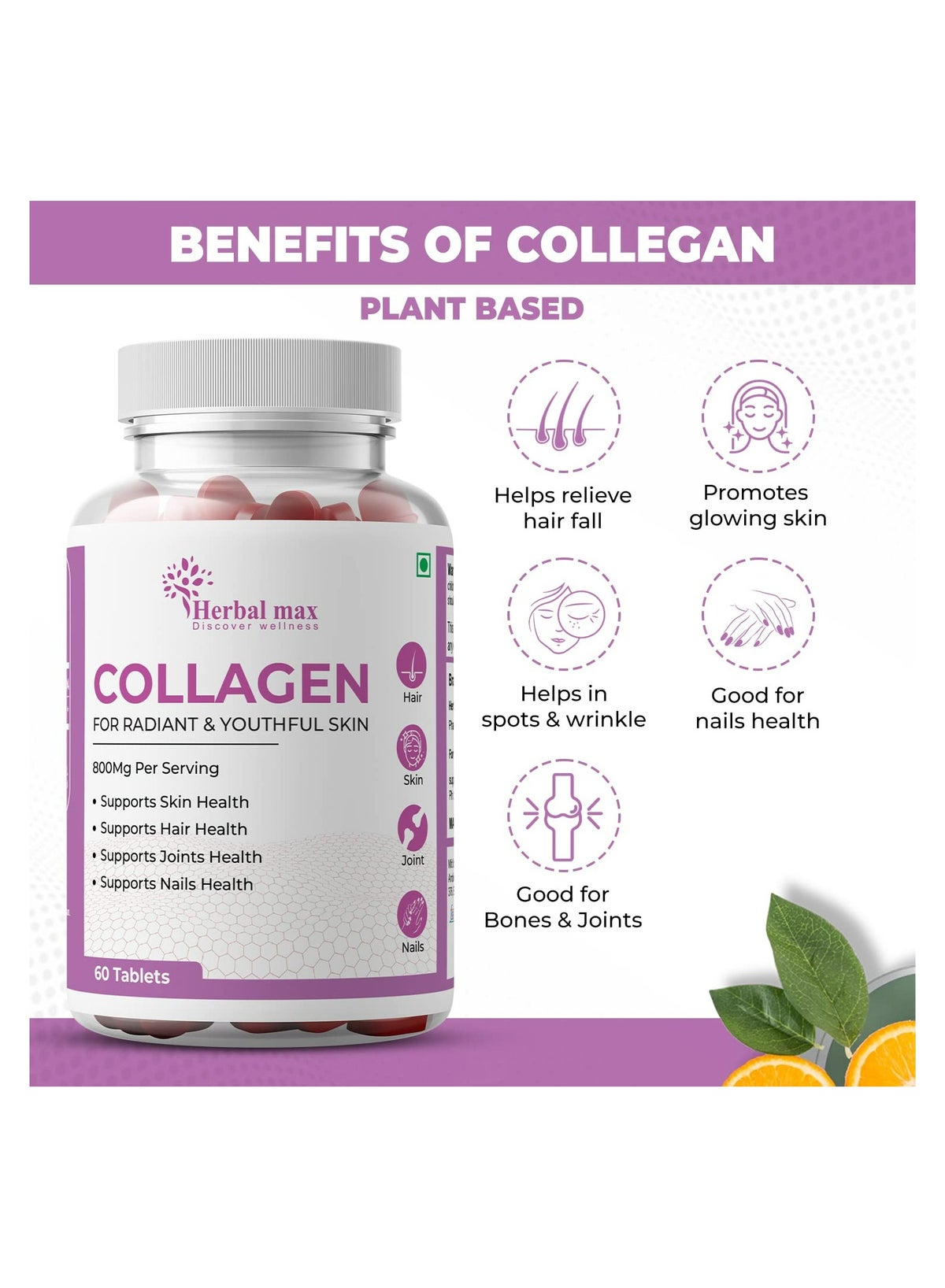 Herbal max Collagen 60 Tablets 800Mg - Supports Skin, Hair, Joints and Nail Health - Image 2