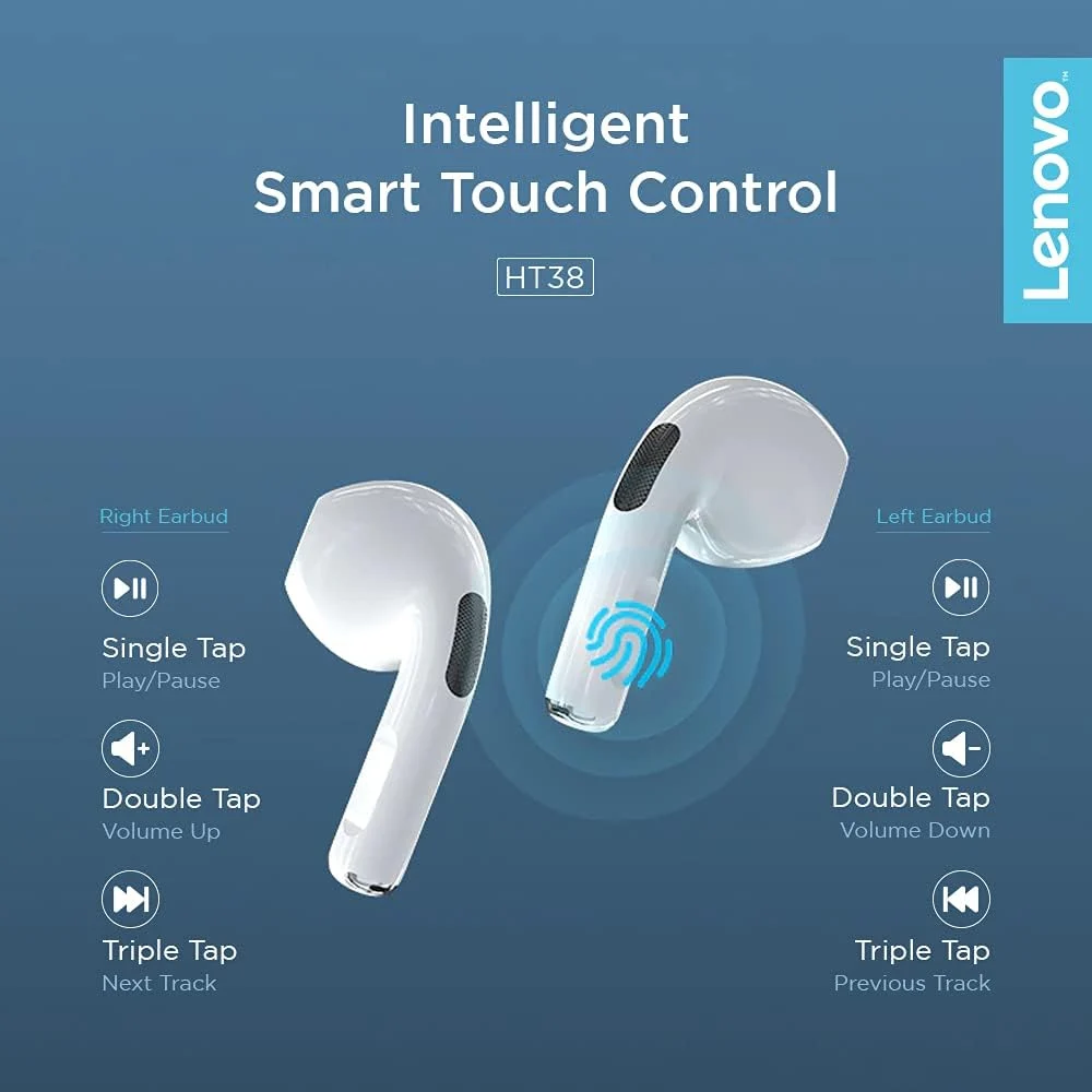 Lenovo HT38 True Wireless Earbuds - Bluetooth 5.0 TWS In-Ear Headphones with Touch Control, Mic & Charging Case - White - Image 3