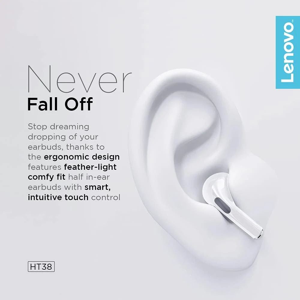Lenovo HT38 True Wireless Earbuds - Bluetooth 5.0 TWS In-Ear Headphones with Touch Control, Mic & Charging Case - White - Image 4