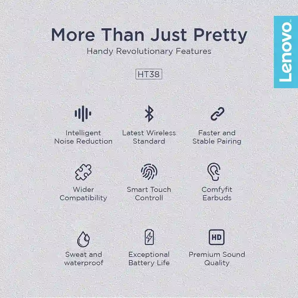 Lenovo HT38 True Wireless Earbuds - Bluetooth 5.0 TWS In-Ear Headphones with Tou