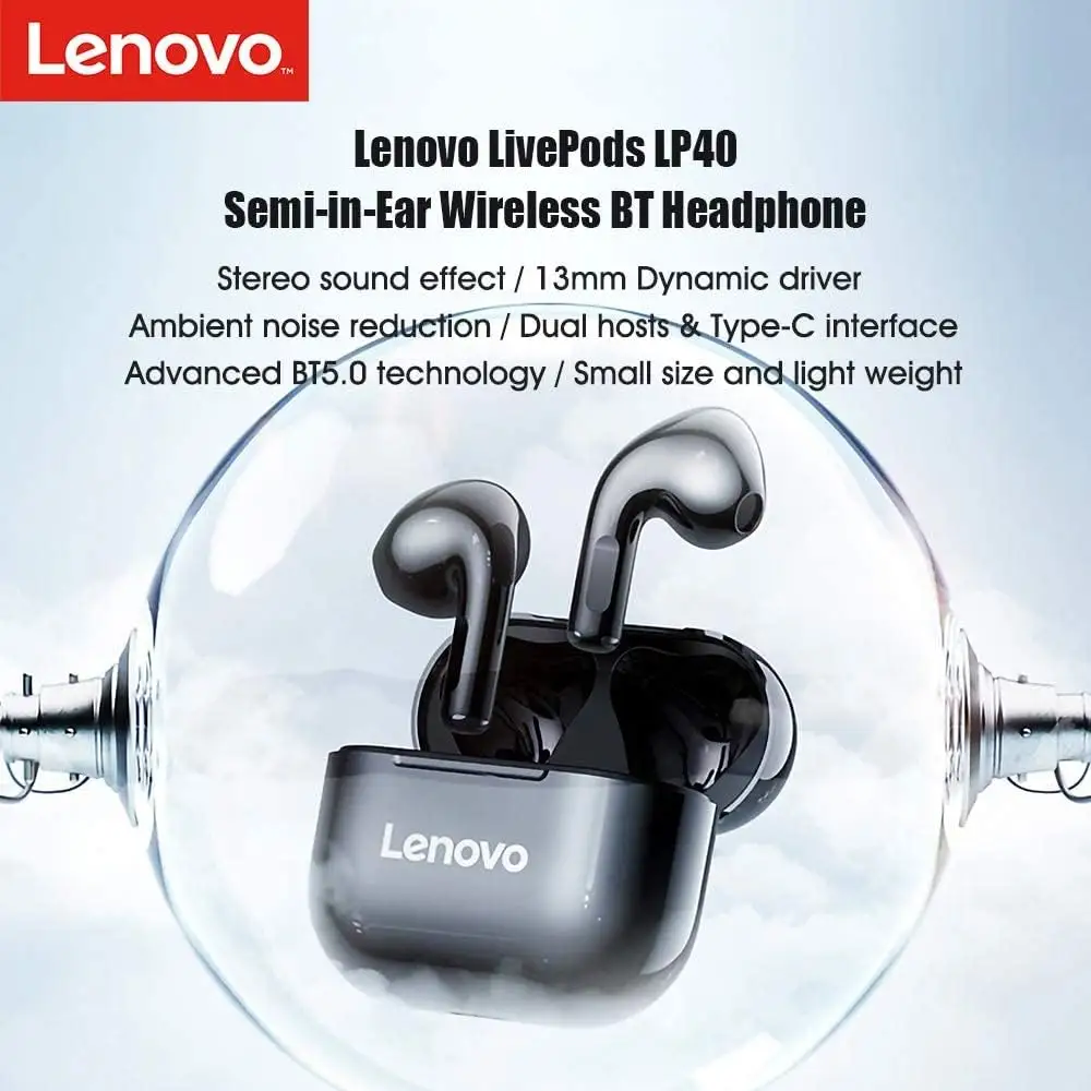 Lenovo LivePods LP40 True Wireless Earbuds - Bluetooth 5.0 TWS, Touch Control, Stereo Sound & Charging Case, Black - Image 2
