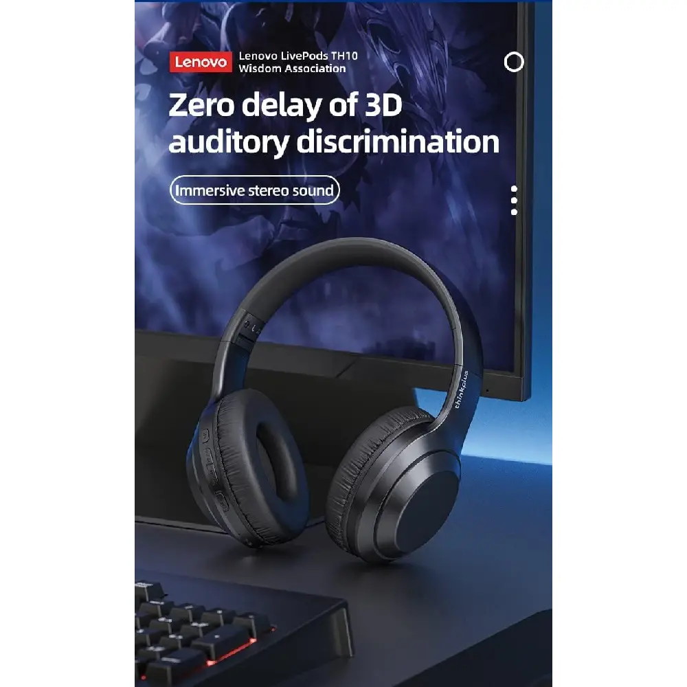 Lenovo Thinkplus TH10 Wireless Headphones - Bluetooth 5.0 Over-Ear Headset with Mic, AUX & 40mm Drivers, Black- TH10-BK - Image 5