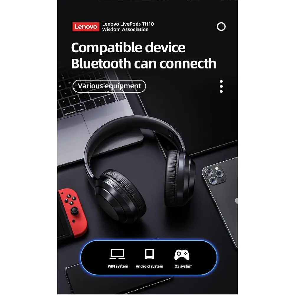 Lenovo Thinkplus TH10 Wireless Headphones - Bluetooth 5.0 Over-Ear Headset with Mic, AUX & 40mm Drivers, Black- TH10-BK - Image 6