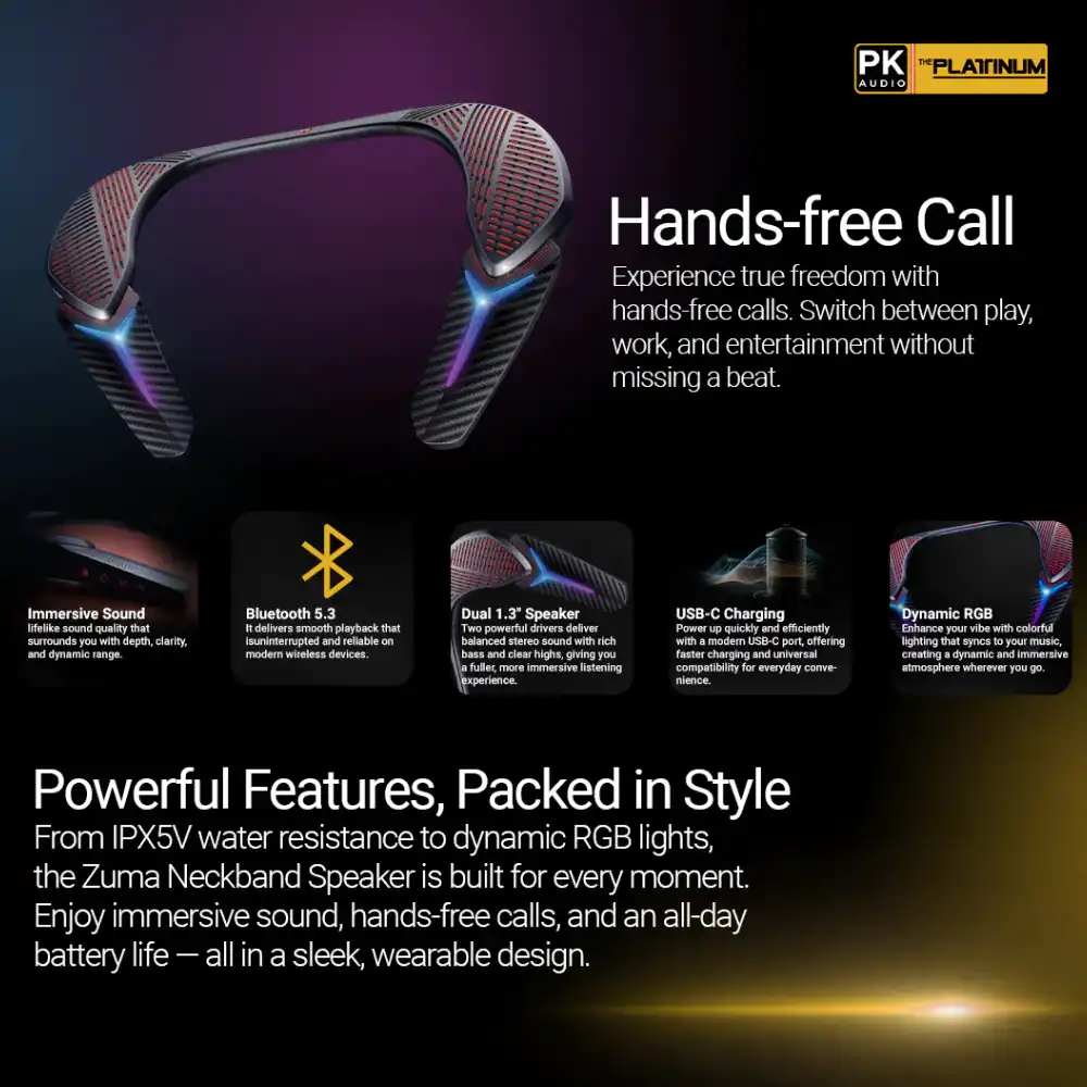 Platinum Karaoke Zuma Neckband Speaker Portable Bluetooth Wireless Audio Wearabl