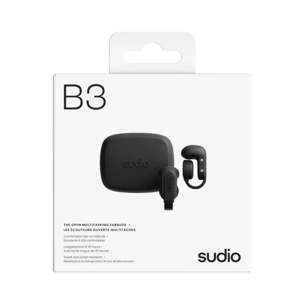 Sudio B3 Open-Ear Clip-On True Wireless Earbuds with Bluetooth 6.0, IPX4 Splash Resistance, 30 Hours Playtime, Touch Control, USB-C Charging, Black - B3BLK - Image 3