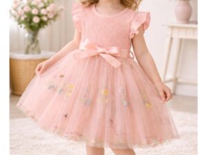 Girls Floral Embroidered Tulle Dress with Bow