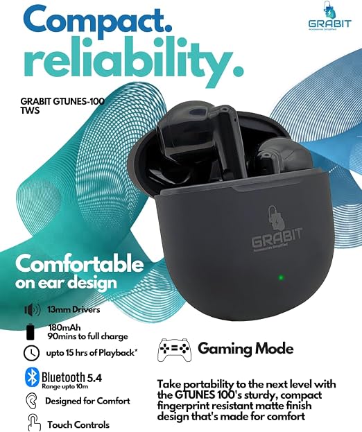GRABIT True Wireless Earbuds ANC & ENC for Clear Sound enjoy deep bass and noise-free calls with ANC + ENC technology. With 4-5 hours playtime, a 300mAh charging case, and fast 1.5-hour charging. - Image 4