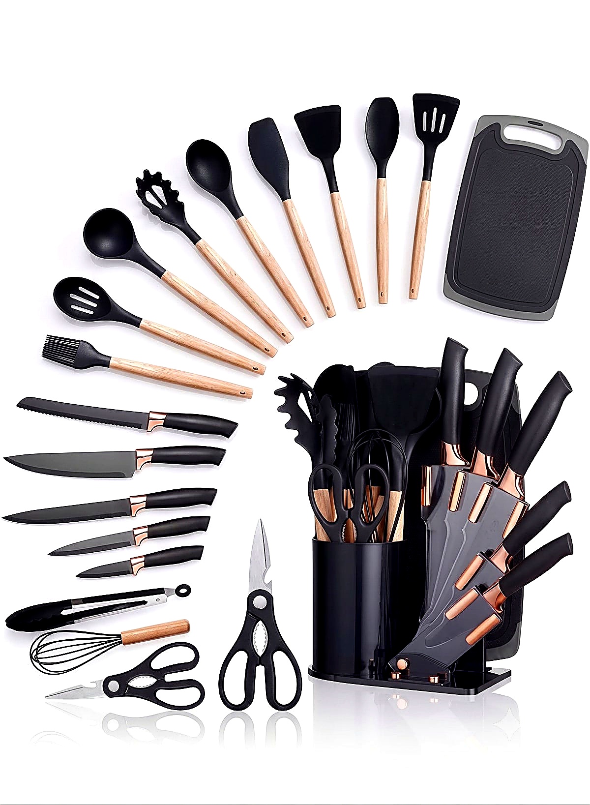 19-Piece Kitchen Knife & Silicone Cooking Utensils Set with Wooden Handles - Non-Stick Heat-Resistant Chef Knives, Cutting Board & Organizer Block